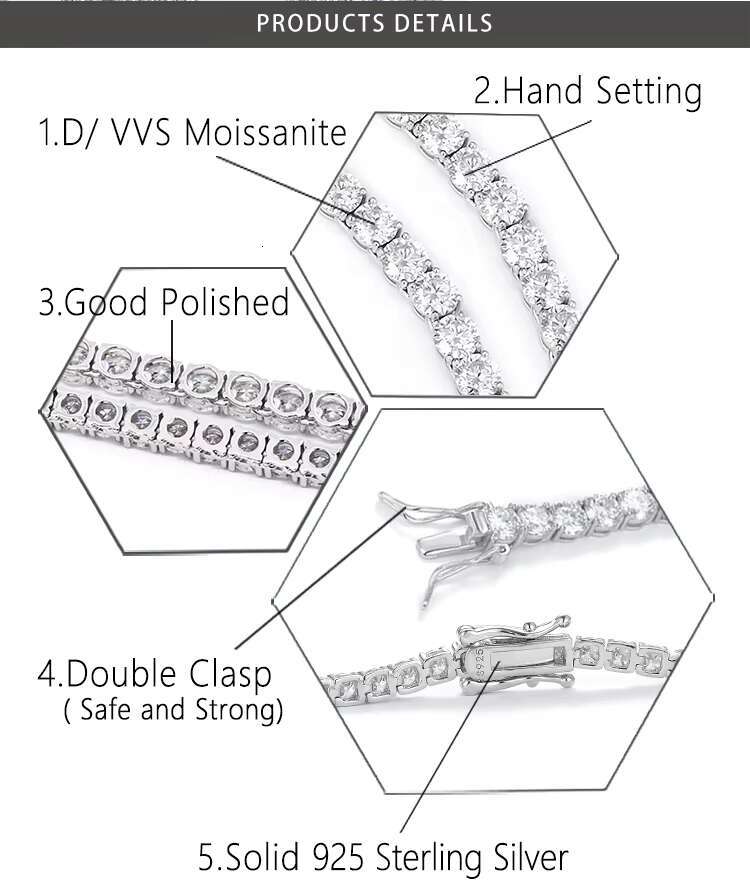 XingGuang Jewelry Men Women Hip Hop 925 Silver Tennis Bracelet 2mm 3mm 4mm 5mm 6.5mm VVS Diamond Chain Moissanite Tennis Chain
