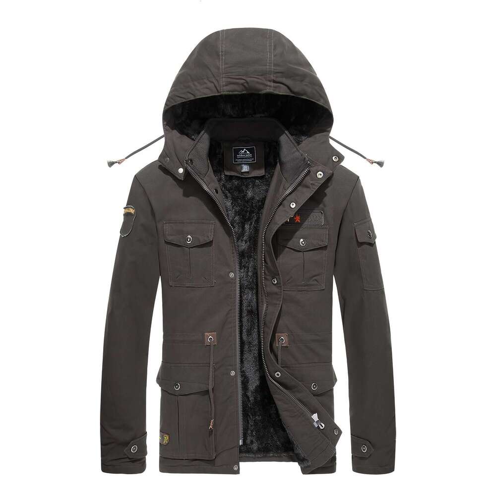 Men's Heavy-Duty With Fleece Lining & Windproof Full-Zip Hooded Work Coat, 8 Multi-Pocket Outdoor Gear For Hiking, Camping, Skiing, Flying Thick 