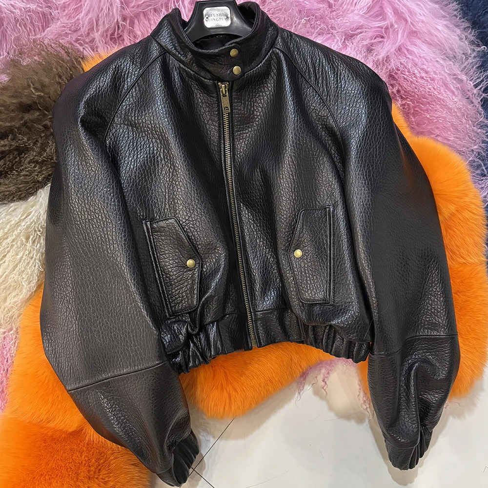 YOLOAgain Oversized Suede Leather Cropped Jacket Coat Women Drop-shoulder Dark Brown Genuine Leather Jacket Coat Autumn 251106