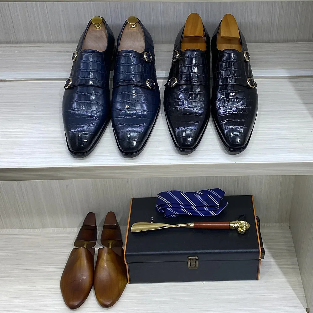 Mens Genuine Leather Monk Strap Dress Shoes Handmade Double Buckle Pattern Business Wedding Formal Shoes 251106