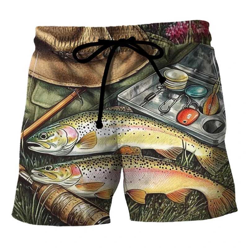 Fashionable fish shaped beach shorts for summer casual fishing 3D printed swimming shorts for men loose and breathable quick drying shortsW250410