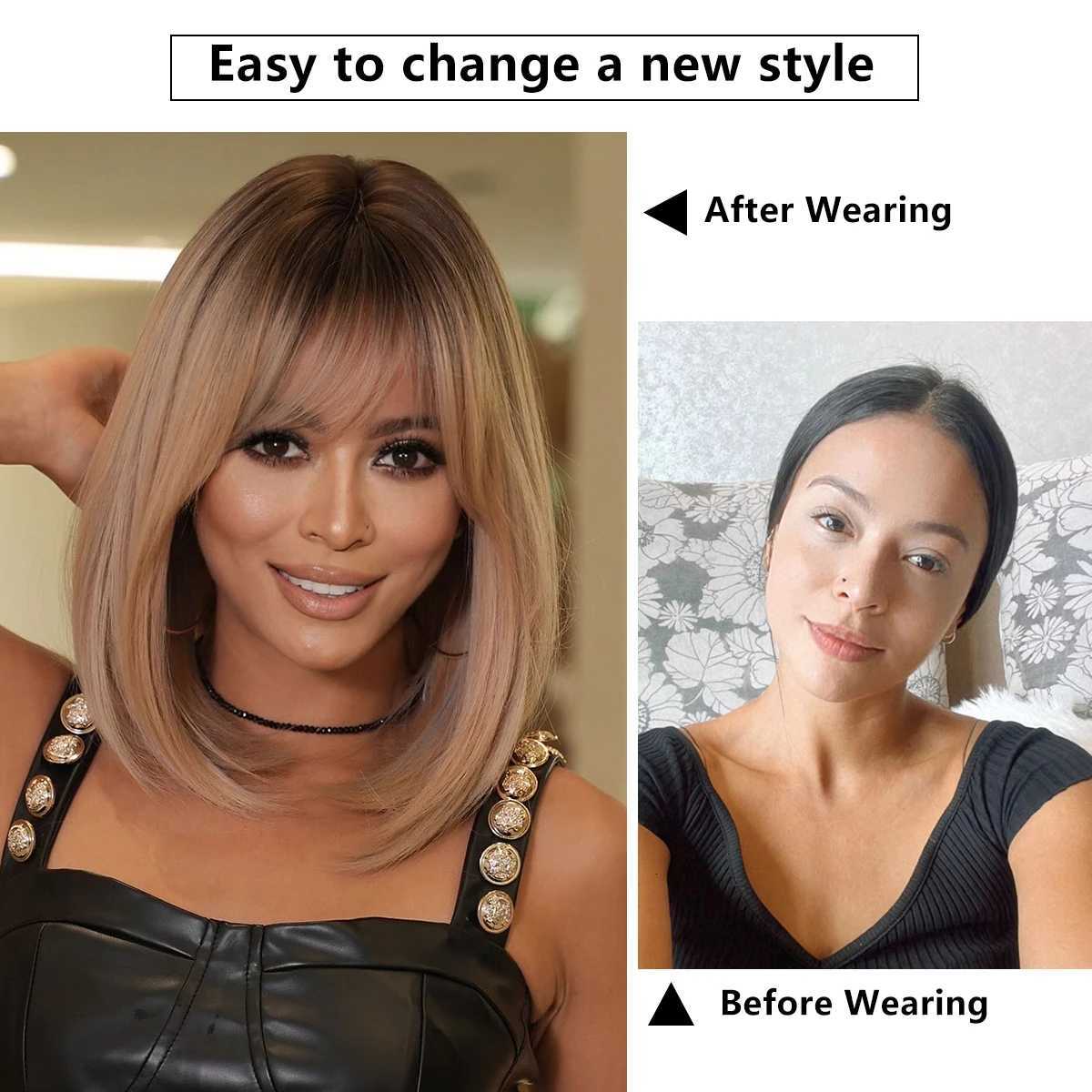 NAMM Short Straight Brown Wigs With Bangs High Density Synthetic Layered Hair Wigs With Dark Roots High Quality Heat resistantT251111