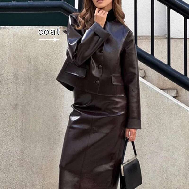 Vintage Women Leather Lapel Single Breasted Slim Fit Mini Retro Fashin Female Suit 2024 Lady Jacket Skirt Sets