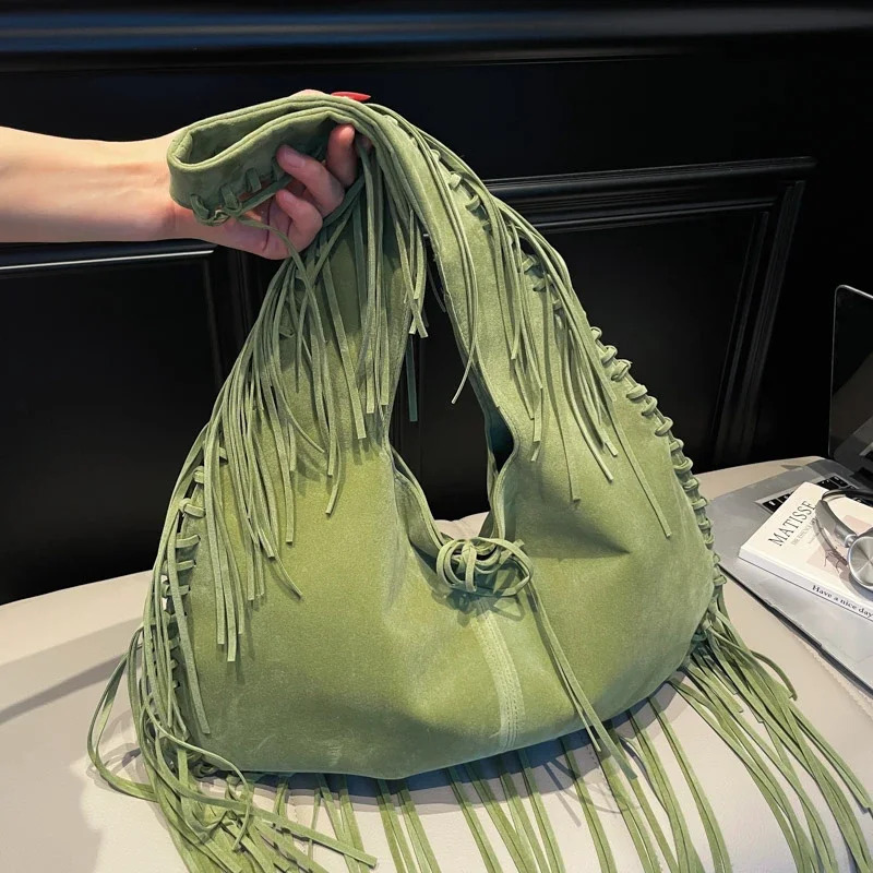 Tassel Large Capacity Ethnic Shoulder Bags Summer Vacation Womens Handbags Solid Color Faux Suede Bags for Women 251110
