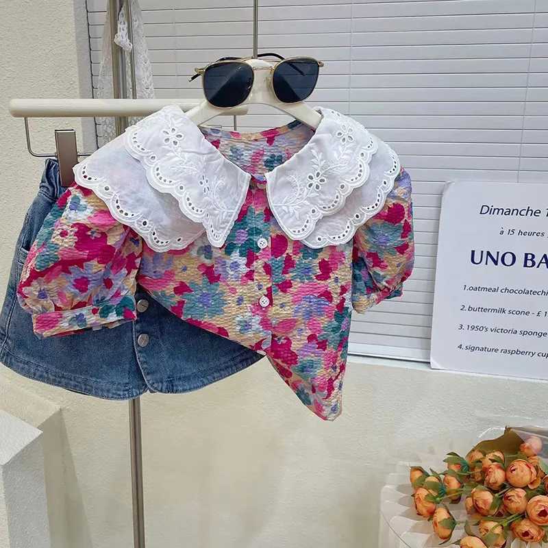 Childrens girl flower collar short sleeved shirt top+denim Culottes 2-piece set 2023 new childrens summer clothing setXJ250410