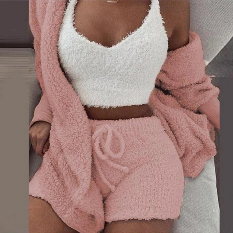 Fluffy Pajamas Set for Women Casual Sleepwear Tank Top and Shorts Plus Size Hoodie Leisure Homsuit Winter 3 Pieces Pijamas 251106