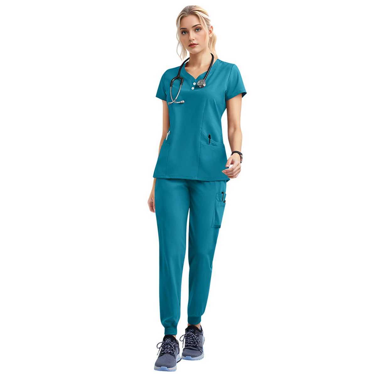 Womens and Mens Medical Uniform Scrubber Set Short Sleeve Top Elastic Waist Pocket Pants Set Beauty SPA Pet Clinic Nurse Work Clothes X250410