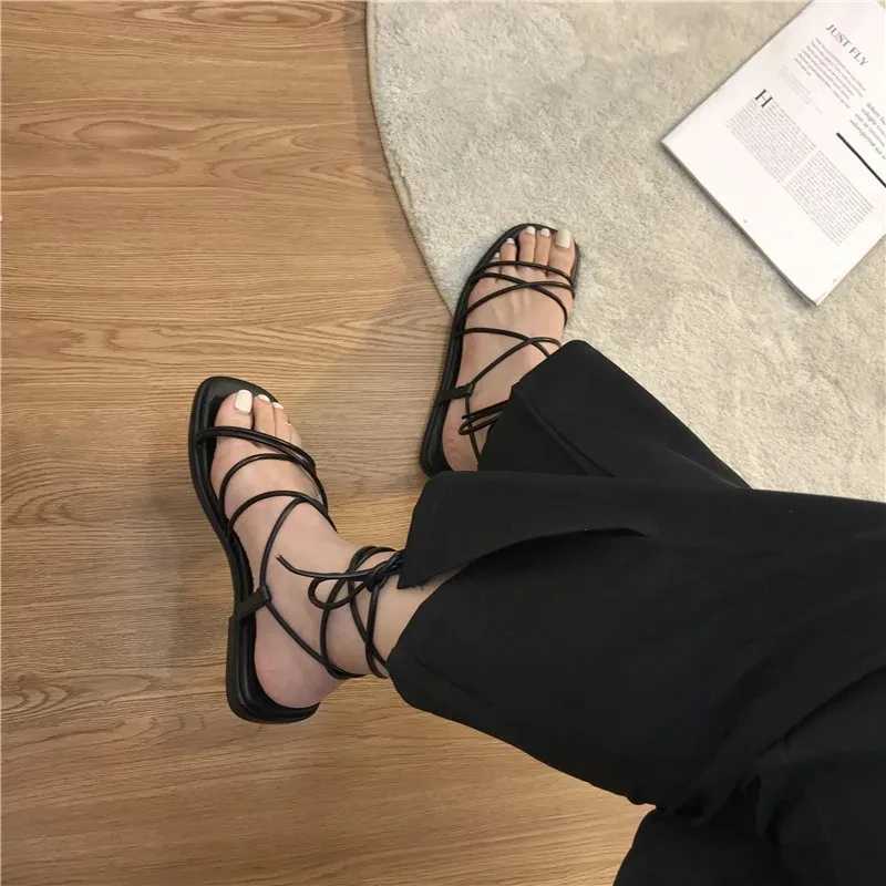 Sandals Womens Summer New 2024 Beach Fi Sexy Flat Casual Cross Tie Open Toe Fairy Style Narrow Band Shoes Black Roman SandalsXJ250410