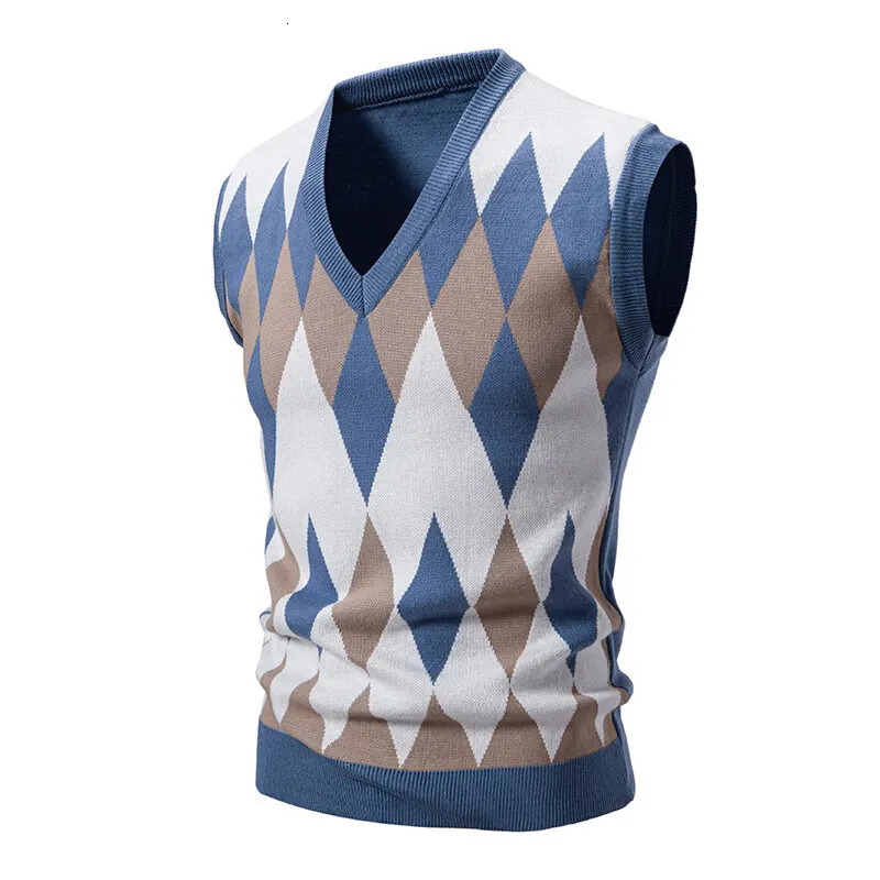 Spring Autumn Mens Fashion Argyle Knit Vests Slim Fit Casual Knitted Pullovers Sweater Vest Men VNeck Sleeveless Knitwear Man 251104