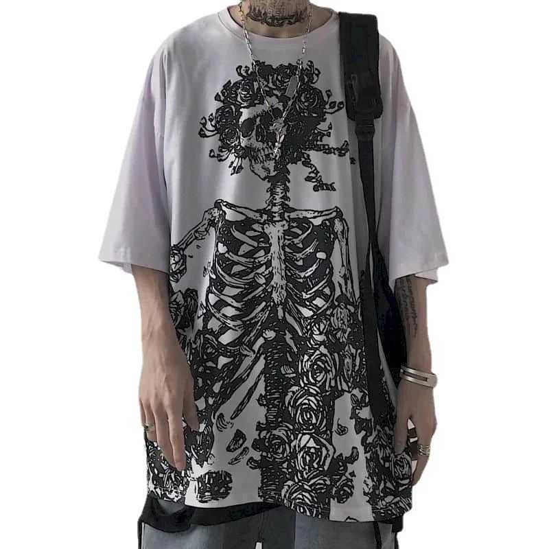 Ultra fine mens T-shirt summer T-shirt dark street gothic printed skeleton cotton short sleeved T-shirt Harajuku mens T-shirt M250411