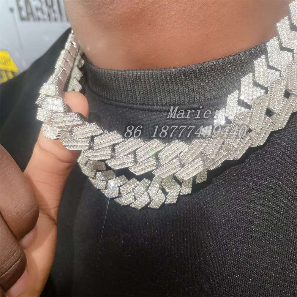 20mm Width 925 Sterling Silver With Vvs Moissanite Pendant Necklace Cuban Link Chain baguette Diamond Luxury Hip Hop Jewelry