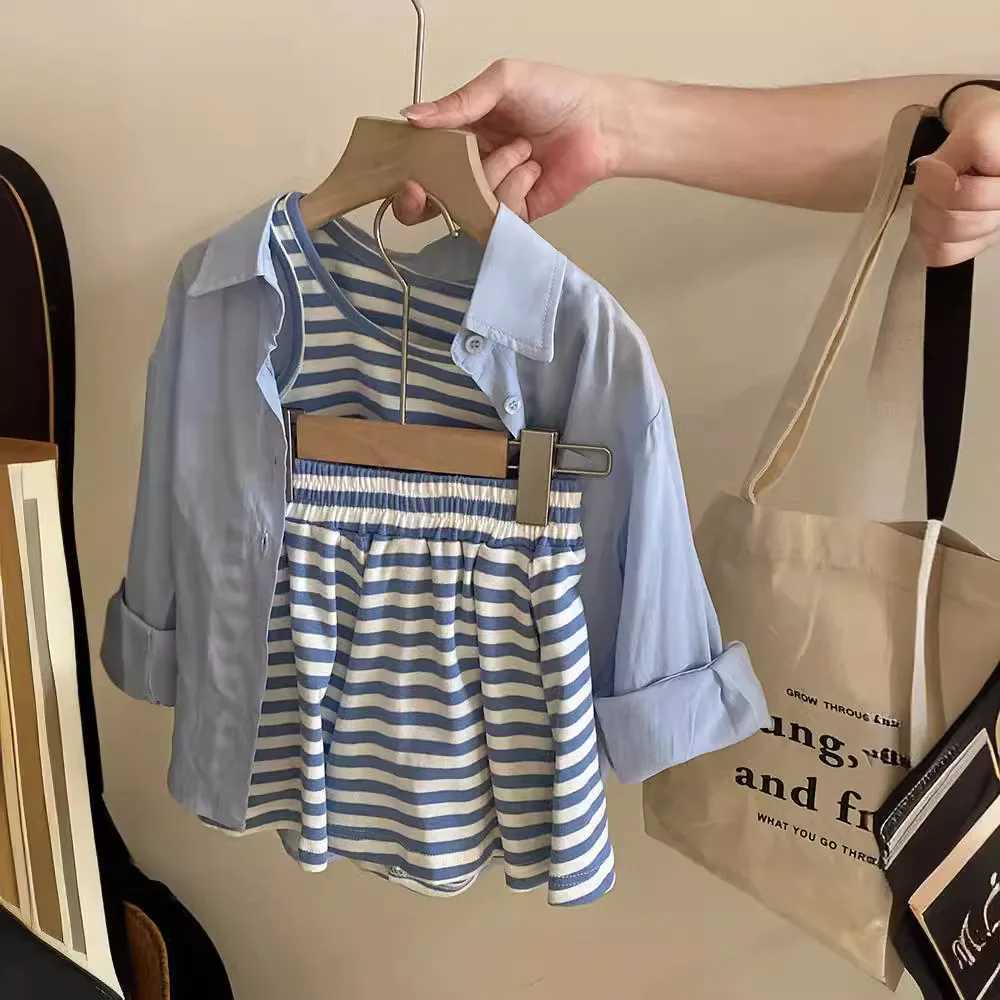 Childrens clothing set long sleeved shirt+striped vest+shorts 3-piece set for girls clothing set for 3 to 7 yearsXJ250410