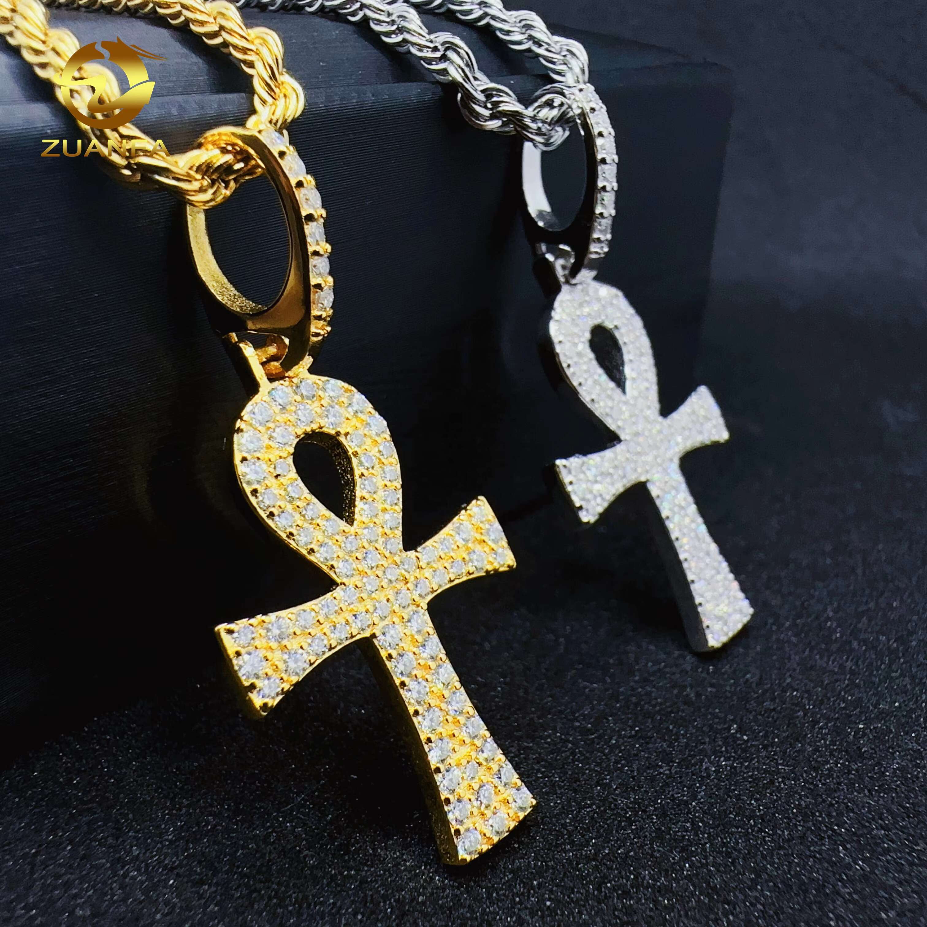 ZUANFA Jewelry 100% Pass Tester Hip Hop 925 Sterling Silver Cross Charm 2rows VVS Moissanite Pendant