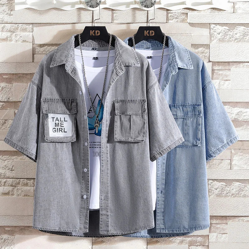 summer mens blue denim short sleeved shirt highquality cotton light plus size M4XL 250411