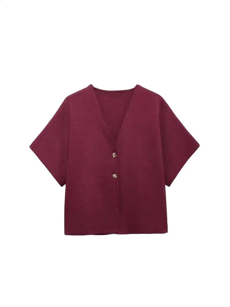 TRZA Womens Front Gold Button Knitted Open Fleece Sweater Vneck Wide Short Sleeve Coat Fashion Top 250407