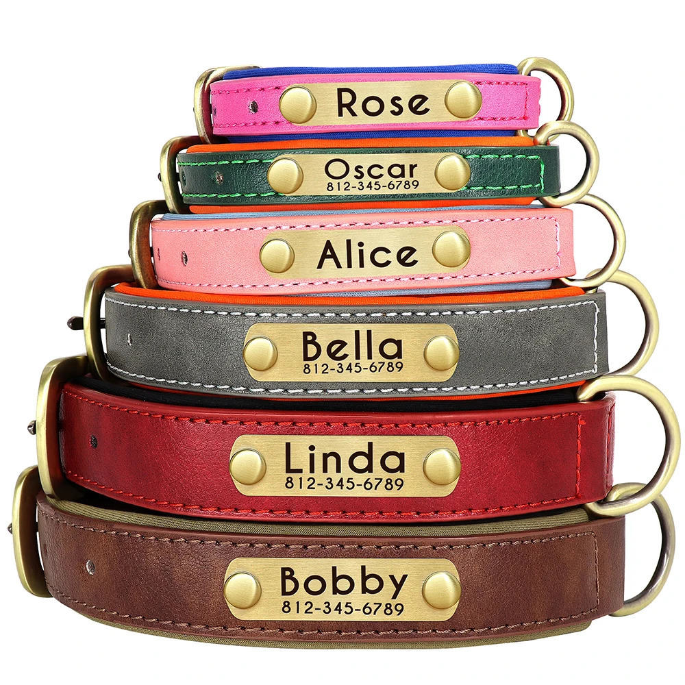 Customized PU Leather Nameplate Dog Collar Soft Padded Dogs Collars Free Engraving Name for Small Medium Large Adjustable 251110