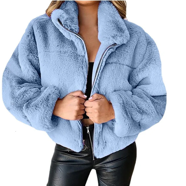 2025 Winter Womens Warm Jacket Zipper Cardigan Faux Fur Fashion Long Sleeve Stand Collar Plush Coat for Female 251103