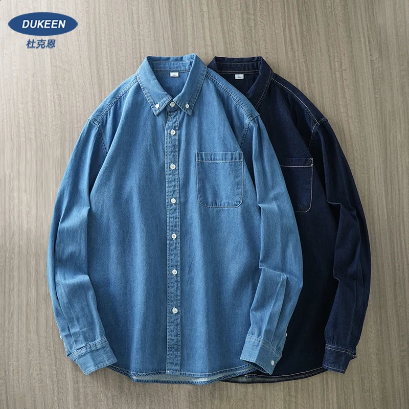DUKEEN denim mens shirt 2025 spring pure cotton retro washed casual basic long sleeved top 250411e