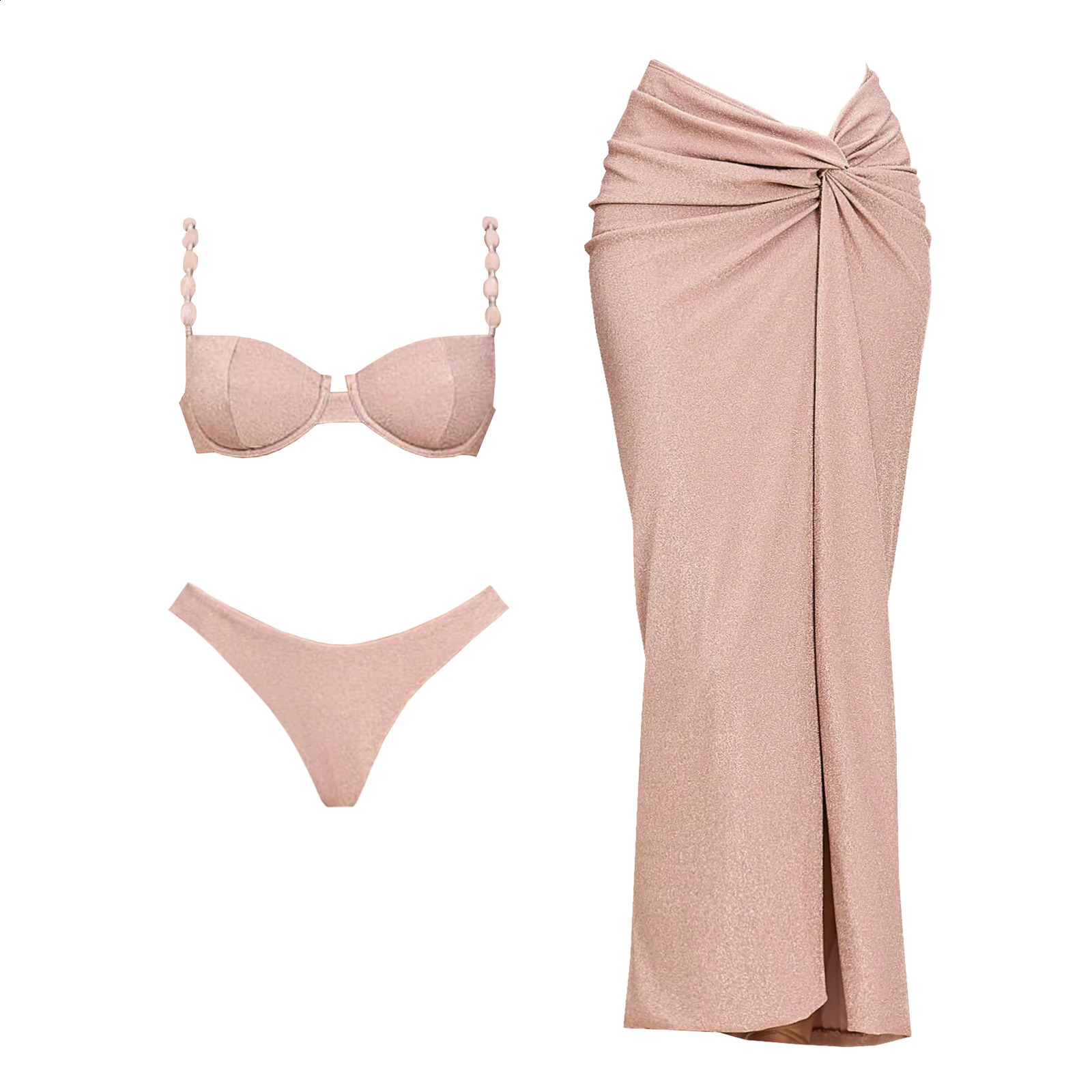 3Pcs Push Up Swimsuit With Long Skirt Sexy Women Swimwear Female Bikini V Neck Swimming Suit Shiny Bodysuit Beachwear Cover Up 250410