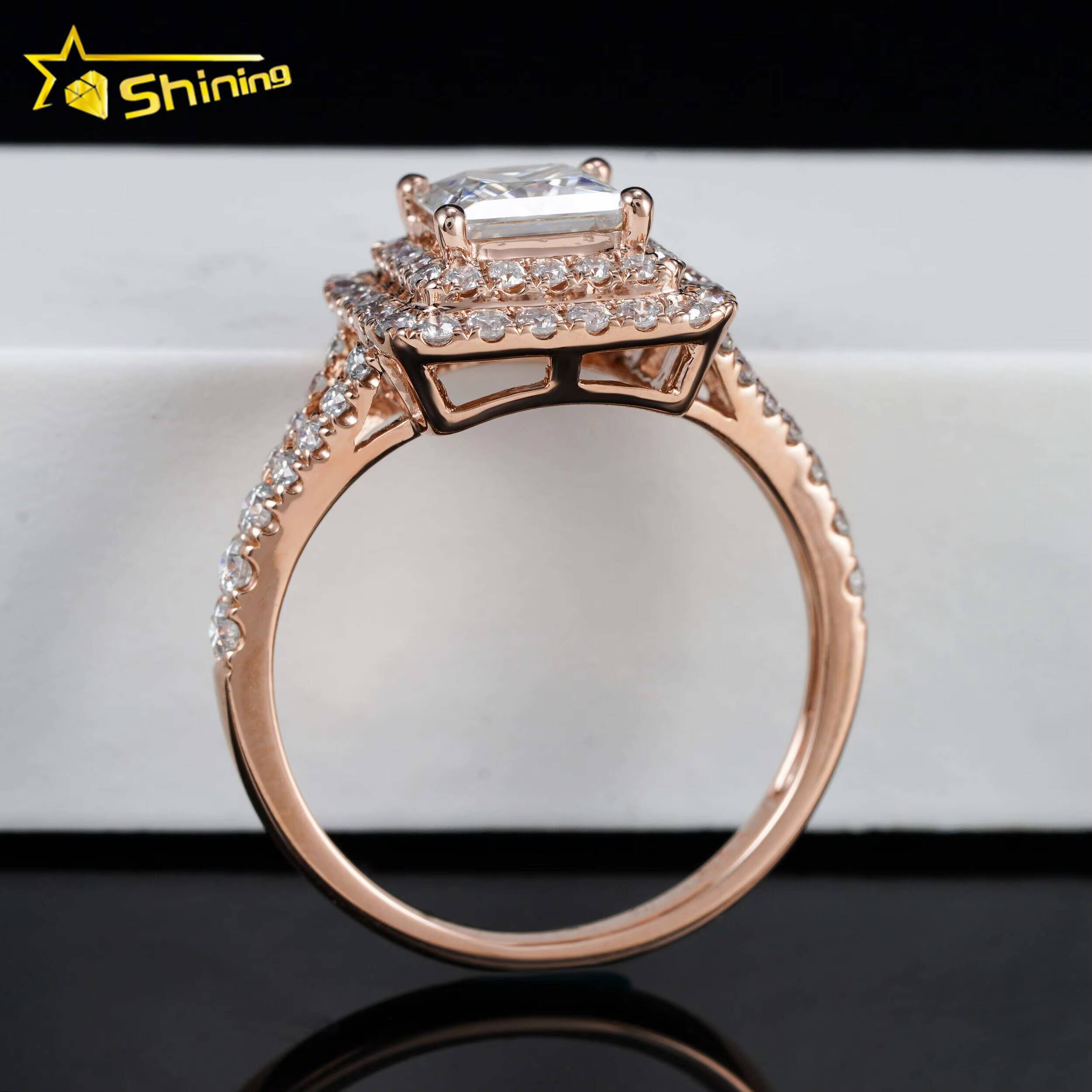 New Halo Design14K Soild Gold 6x6mm 12ct Princess Moissanite Diamond Ring Custom Fancy Shape Wedding Rings for Women