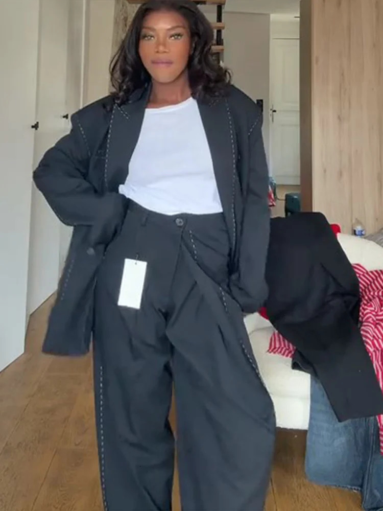 Casual Womens Blazer Pant Suits Loose Lapel Doube-Breasted Top Straight Pants Lady Set 2025 Autumn 2 Pieces Sets Women 251105