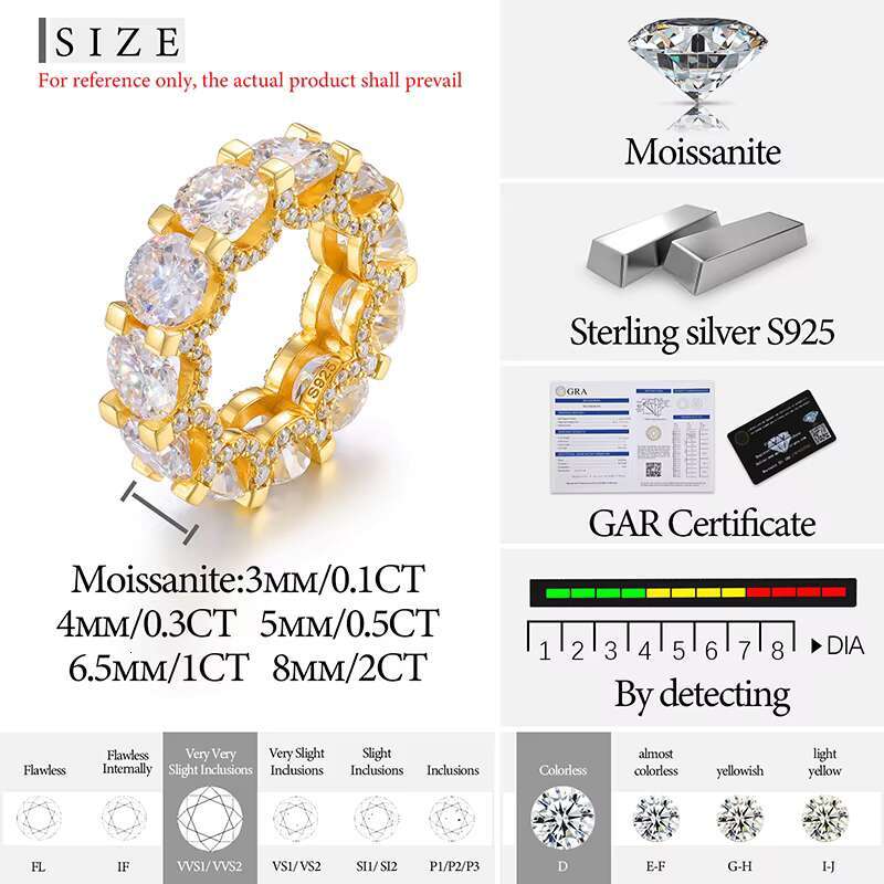 Luxury Engagement Fine Jewelry 925 Sterling Silver 1 Row 3mm-8mm VVS Moissanite Diamond Wedding Band Ring for Men Women Girls