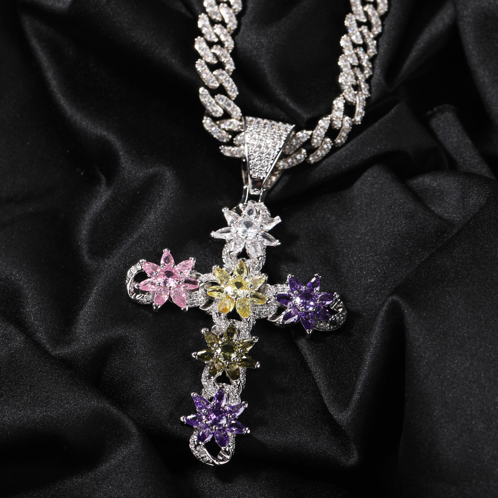 Ins style new colorful ice flower cross pendant fashionable and creative 925 silver VVS Moissanite chain pendant hip-hop sweater chain
