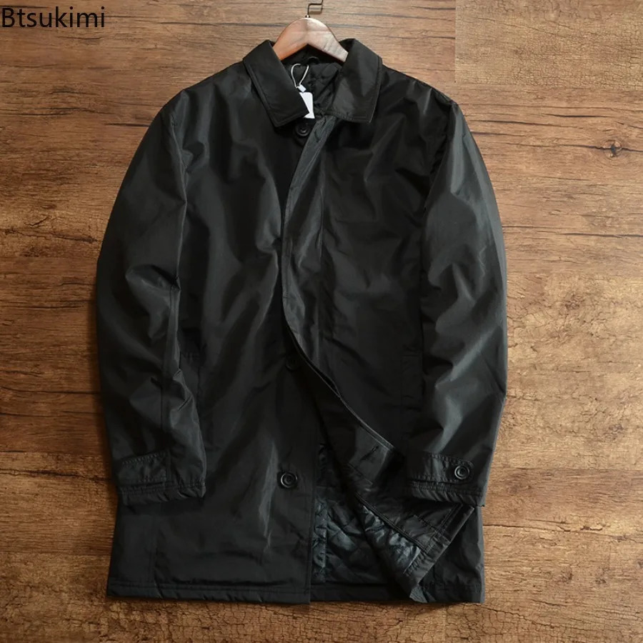 2025 Mens Elegant Windbreaker Jackets Vintage Simple Casual Warm Trench Coats Autumn Winter Medium Length Lapel Button Up Tops 251105