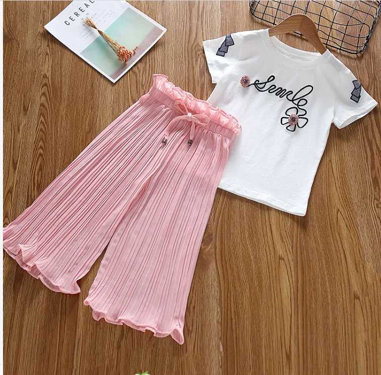 2023 Summer Girls Clothing Set Childrens T-shirt+Wide Leg Pants Set Childrens Short Sleeve Baby Clothing Set 3 to 10 YearsXJ250410