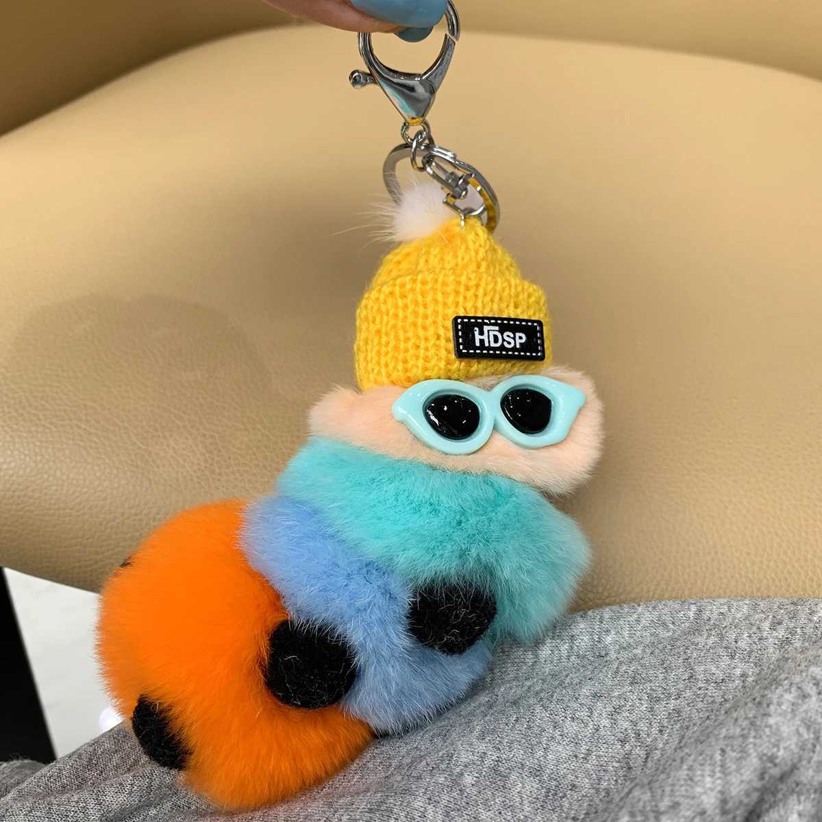 Cute colored plush caterpillar keychain with sunglasses soft rabbit fur animal canopy pendant keychain suitable for womens handbags W250411