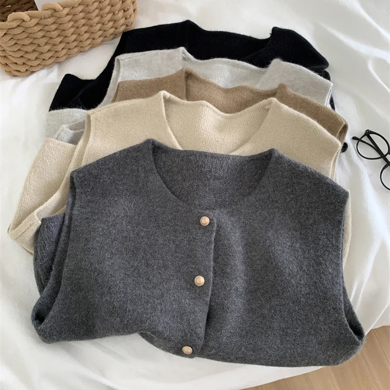 Autumn womens cardigan wool sweater Korean elegant knitted sleeveless casual Tank fashion ultrathin top 250407