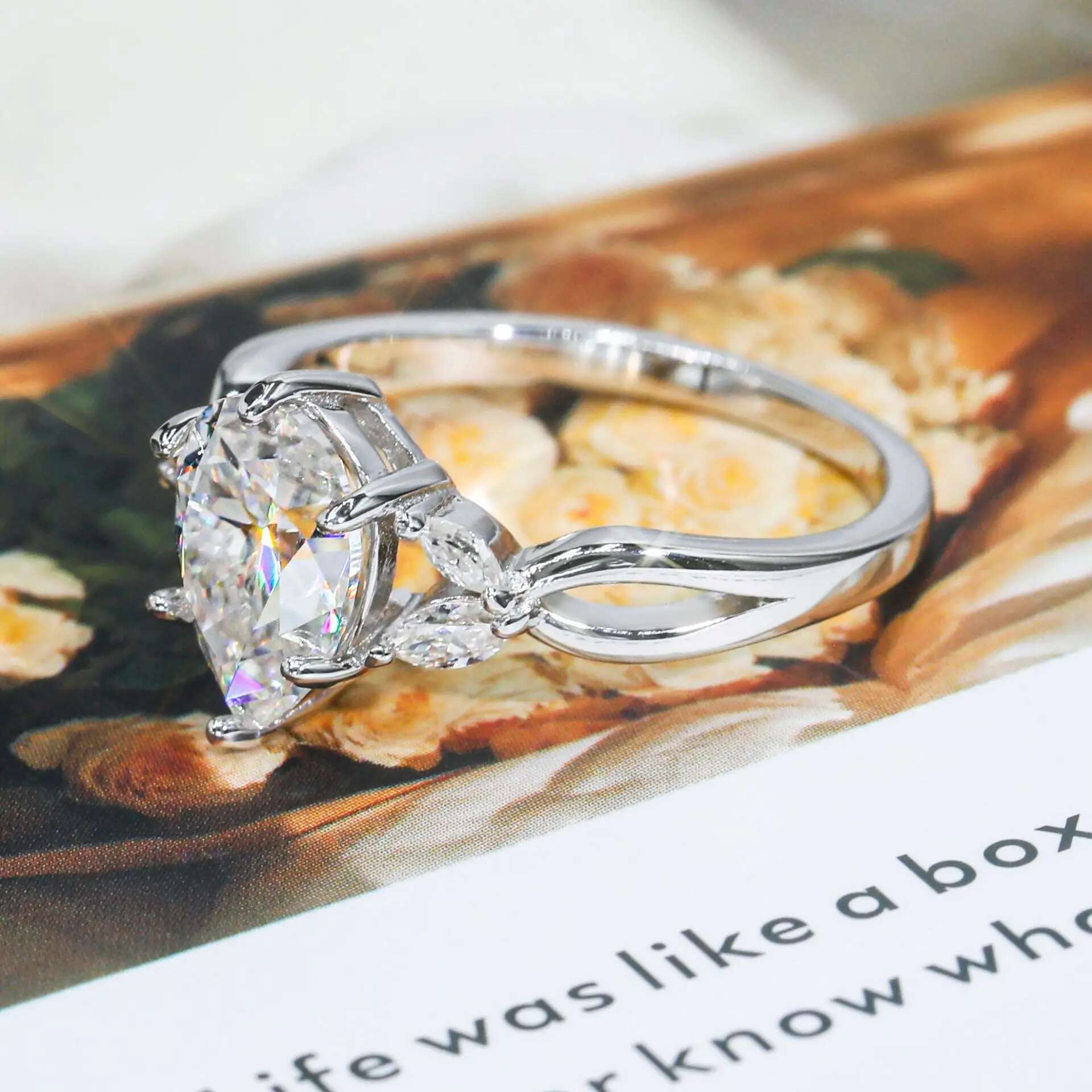 4CT Full Moissanite Diamond D Color VVS Pear Cut Womens Ring S925 Sterling Sliver Plated White Gold Wedding Rings for Women