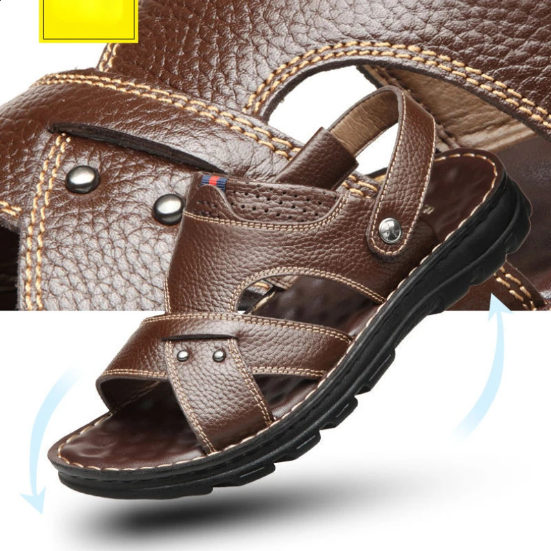 Summer mens leather sandals genuine leather anti slip mens shoes slippers outdoor thick soled beach shoes soft mens sandals 250408