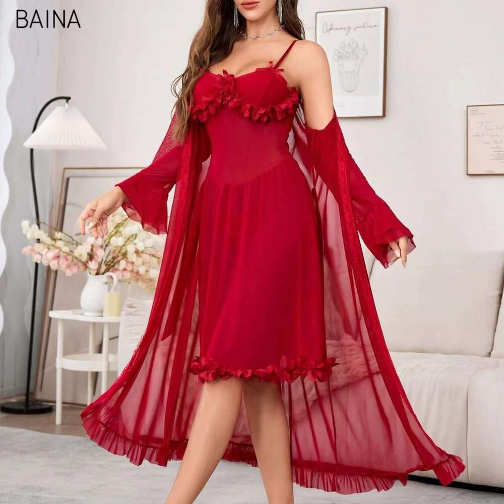 Valentine's Day Pama Mesh Wedding Dressing Sexy Ruffles Pamas Robe Pyjamas Set Sleeping Gown + Sg Dress