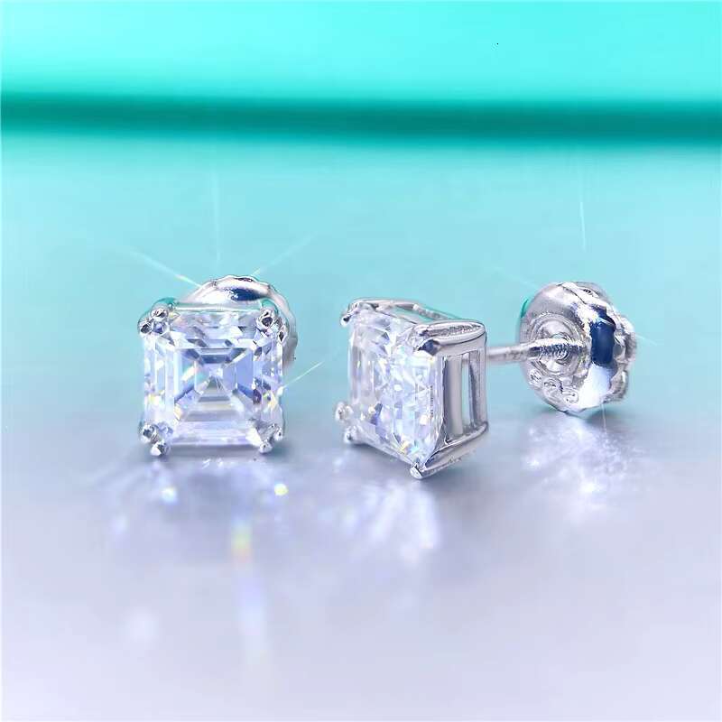 Hip Hop Jewelry Fashion Asscher Cut Big Size Moissanite S925 Mens White Gold Plated Diamond Stud Earrings