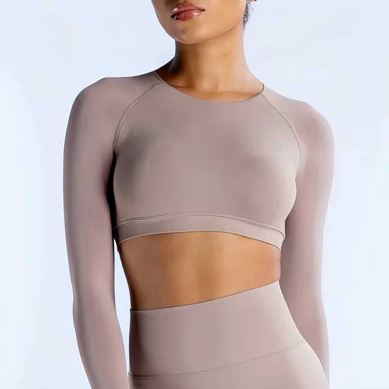 Dynamic long sleeved crop top womens short sleeved yoga top lightweight seamless gym cycling sports long sleevedW250411