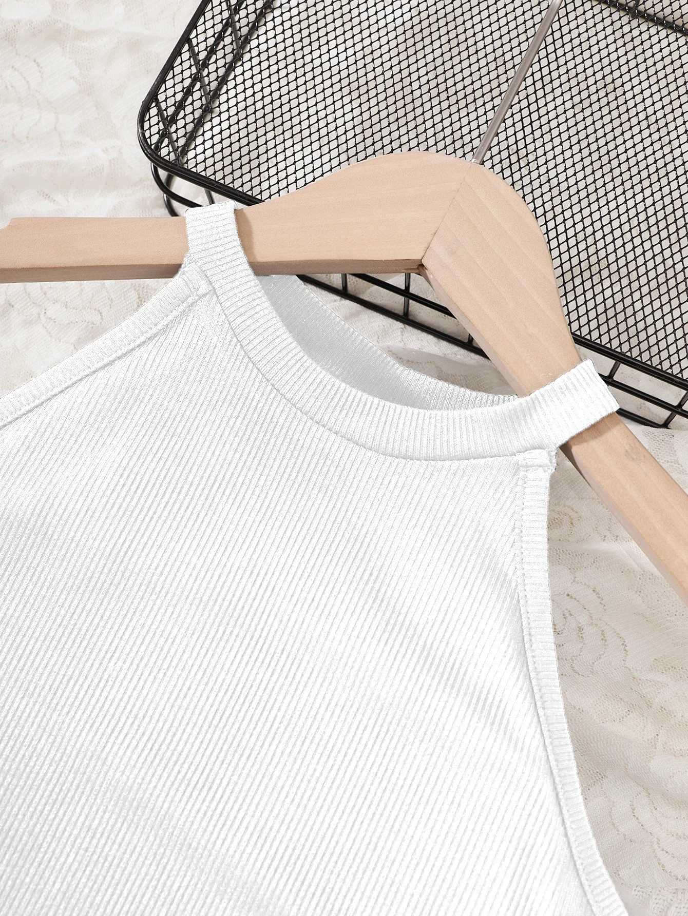 2Pcs girls camisole collar sleeveless top and waistband shorts set summer streetwear Par with pockets slight stretch and pullXJ250410