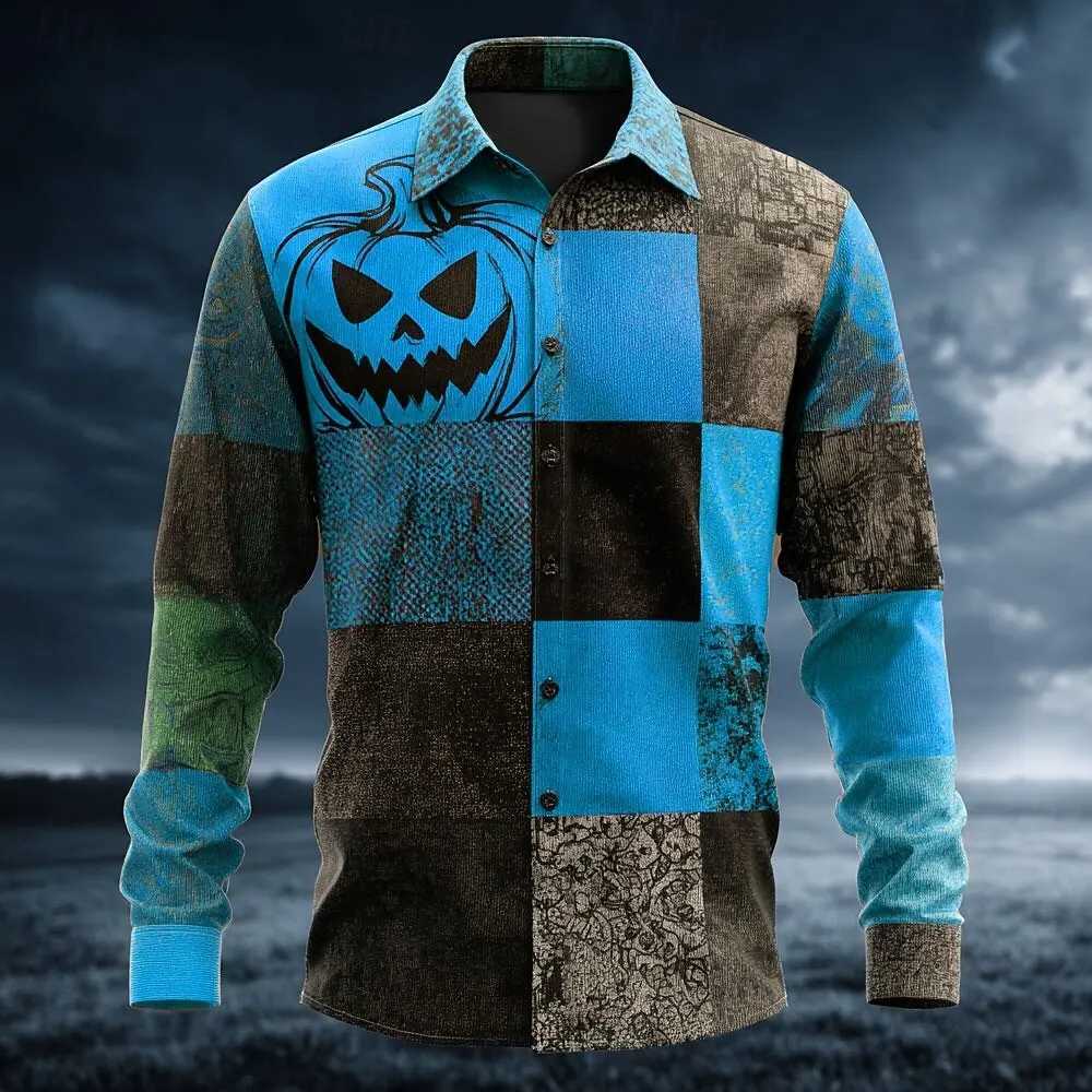 Halloween Costumes Mens Color Block Pumpkin Patchwork Shirt Button Up Shirt Long Sleeve Casual Outdoor 3D Print Collared Shirt K251110