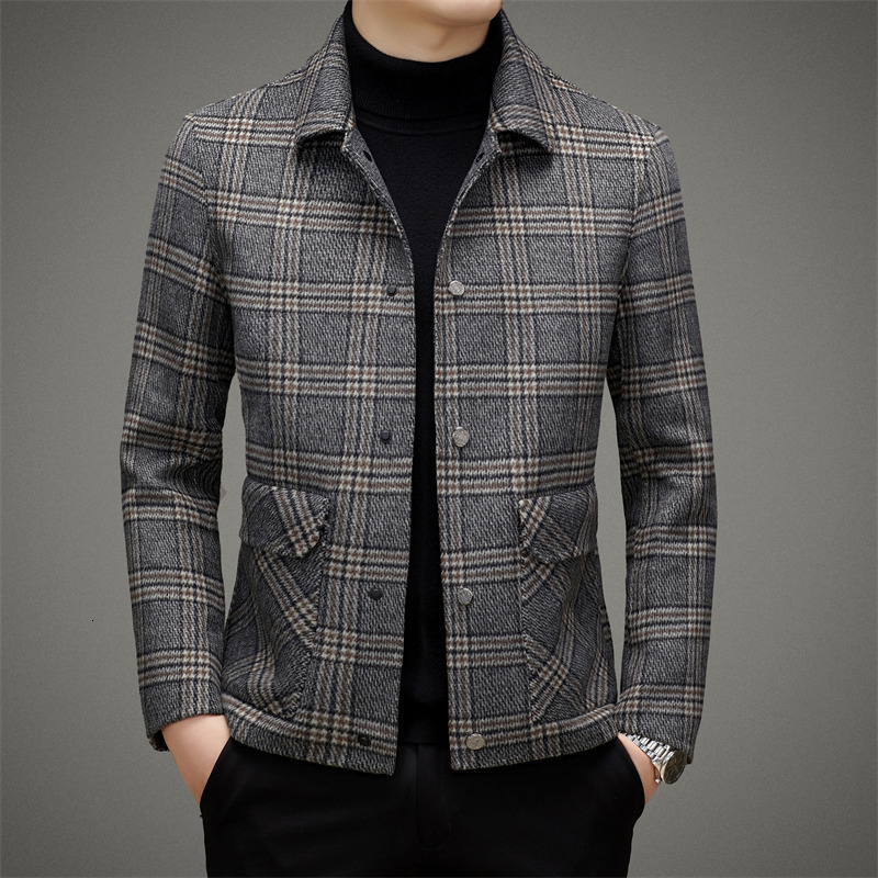 Loose Fit Men's Wool Fashion Plaid Double-Sided Short Jacket Plaid Autumn Winter New Turn-Down Collar Men's Trendy Coat Autumn Thickened Woo