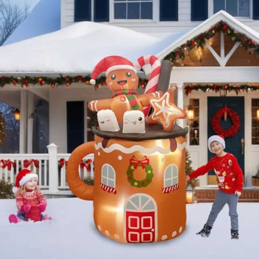 Christmas 6FT Christmas Inflatable Outdoor Decoration Featuring a Gingerbread Man in a Hot Cocoa Mug Blow Up Christmas Decorations for La Y251111
