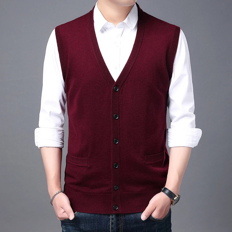 Men Wool Blended Vest Sweater Sleeveless Button Knitted Jacket 2023 Mens Vneck Cardigan Solid Color Winter Warm Top 251104