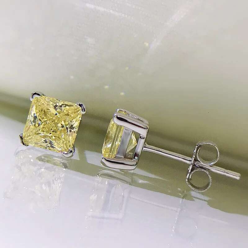 Gorgeous Simple Fine Jewelry Genuine 100% S925 Sterling Silver Princess Cut Yellow Lab Moissanite Diamond Women Stud Earring