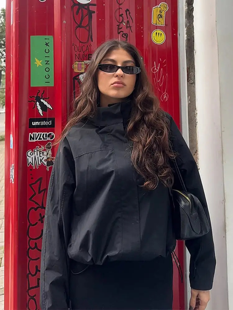 Womens Jacket Coat Stand-Up Collar Drawstring Cinch Waist Hem Zipper Pocket Solid Female Jacket Casual Autumn Coat For Ladies 251105