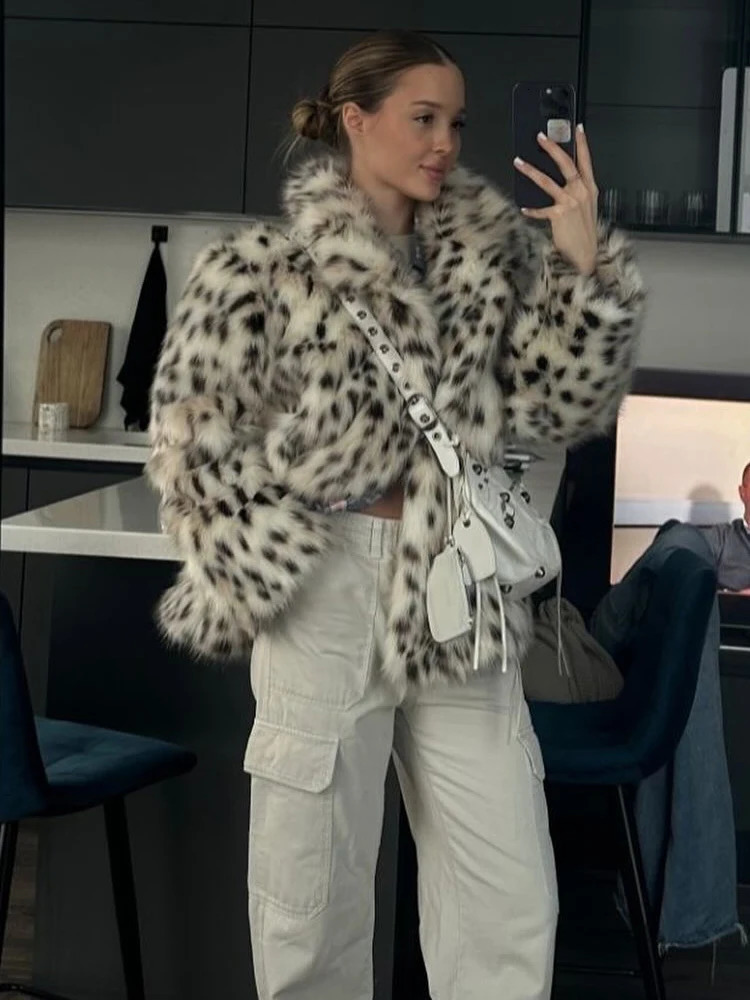 HH Winter Leopard Print Faux Fur Jackets For Women Long Sleeve Lapel Thick Warm Soft Fluffy Fur Coats Lady Loose Streetwear 251106