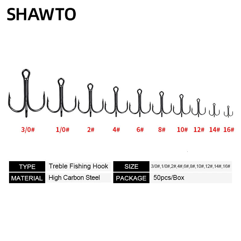 Shawto 50Pcs Round Fishing Hook Black High Carbon Treble Hooks Saltwater Super Sharp Solid Size 6 10 12 FishHook For Lures 251103