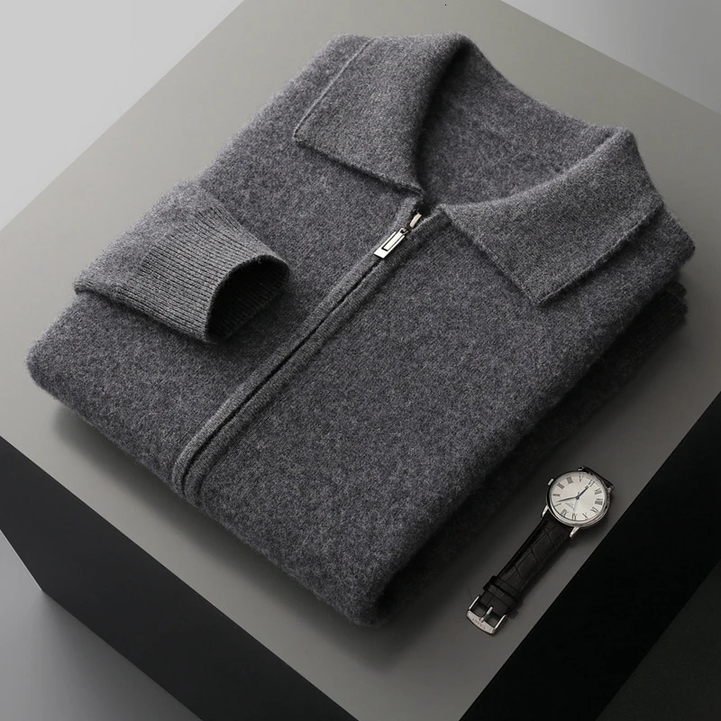 Autumn Winter Mens 100 Cashmere Polo Collar Thick Zipper Cardigan Business Casual Sweater Comfortable Warm Knit Jackets Tops 251030