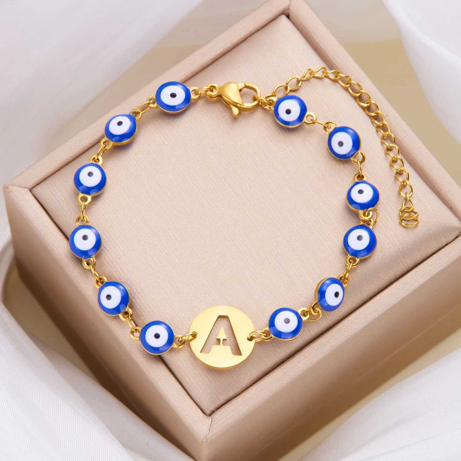 Lucky Turkey Evil Eye Bracelet For Women Men A-Z 26 Initials Alphabet Blue Eye Stainless Steel Metal Chain Bangles Luck JewelryC250410
