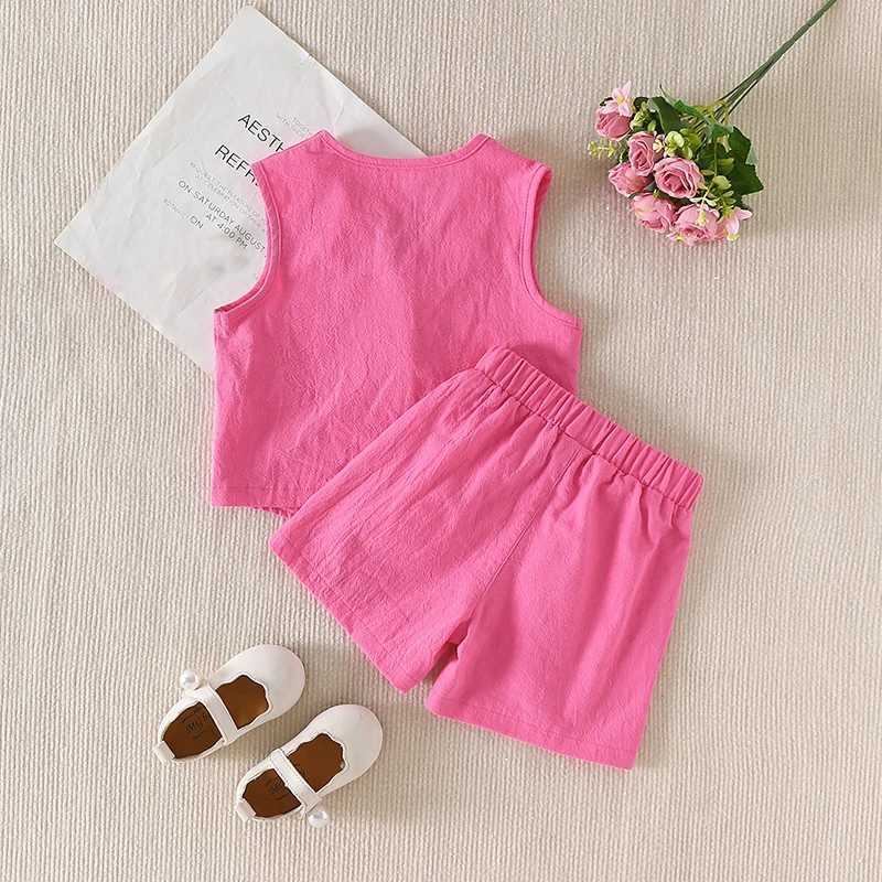 FOCUSNORM Fashion Little Girl Summer Clothes Set Solid Sleeveless Single Chest V-neck Tank Top+Elastic Waist ShortsXJ250410