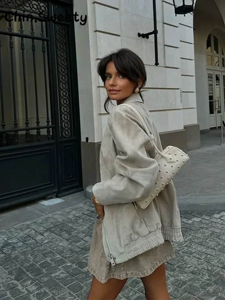 Casual Suede Ruched Jackets Women Solid Loose Lapel Full Sleeve Zipper Jacket Female Autumn Lady High Street Coats 251106