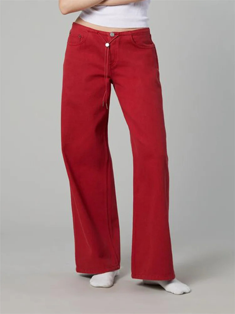 CHRONSTYLE Women Drawstring Jeans Loose Solid Color Low Waist Straight Leg Denim Pants Casual Long Trousers Out Going 251130